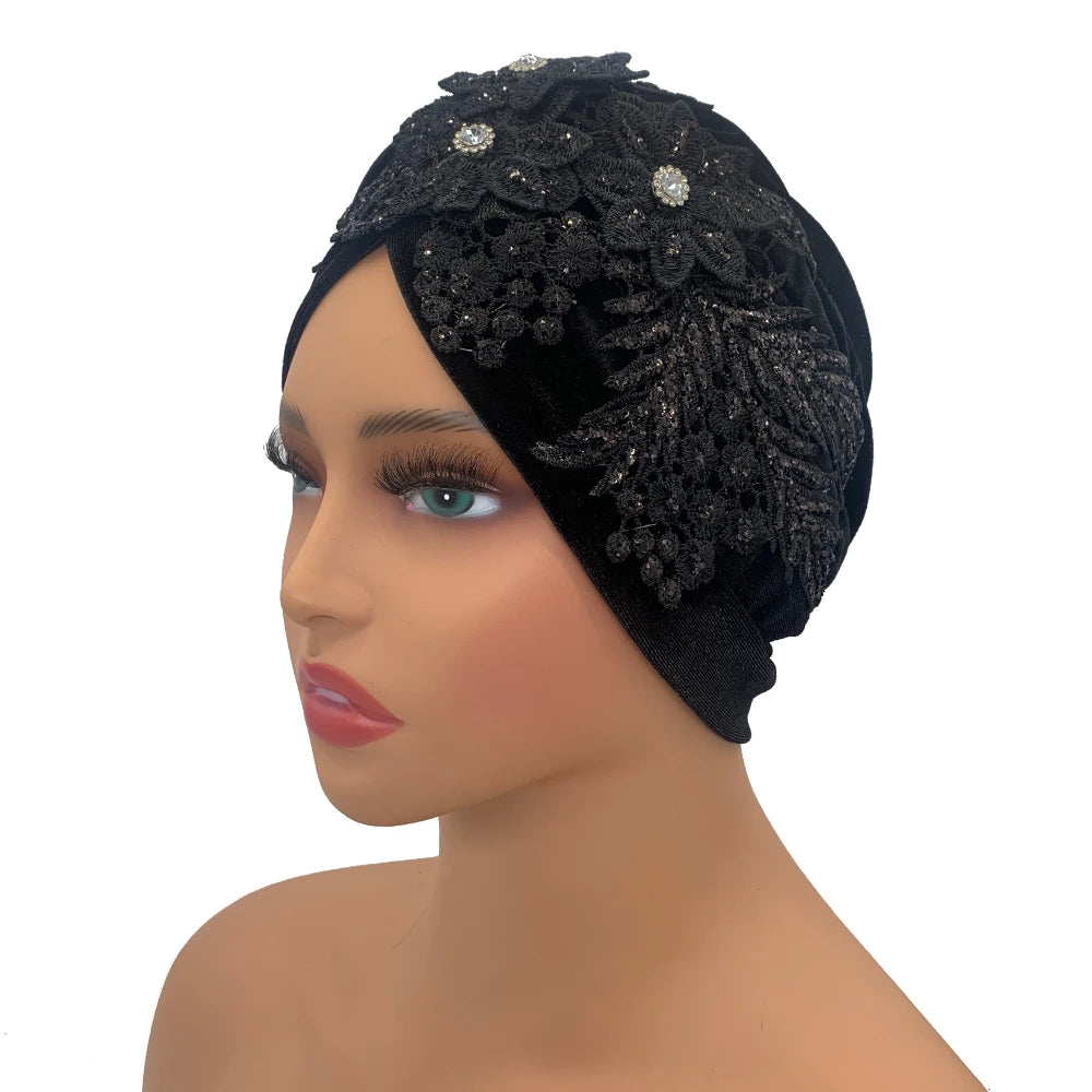 Applique Flower Embroidery Turban Caps for Women Ruffle Velvet Headscarf Bonnet Hat Female Head Wraps Turbante Mujer - NamafadStore
