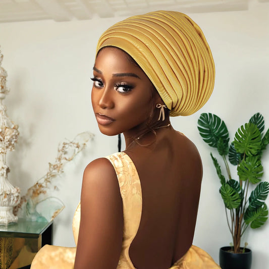 New Raw Silk Pleated Turban Cap for Women African Female Head Wraps Nigeria Lady Headwear Hat Wedding Headtie - NamafadStore