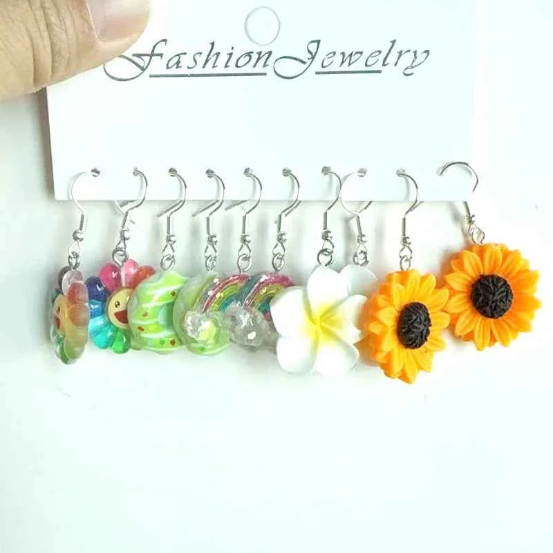 5 Pair Set Small Fresh Colored Resin Pendant Earrings Art Sweet and Cute Fruit Animal Milk Tea Earrings Female