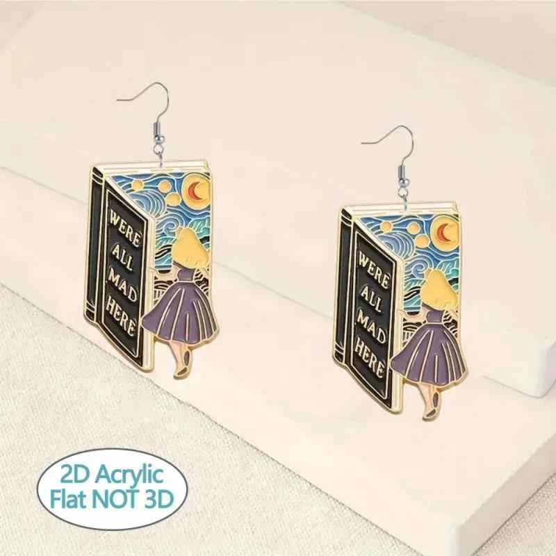 1 pair of art fairy tale book earrings 2D flat Alice image and classic statement casual party acrylic girl student earrings