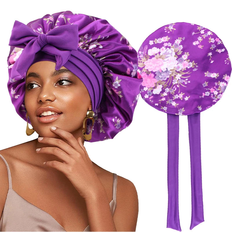 New Flower print Silky Bonnet For Sleeping Satin Hair Bonnet With Tie Band Hair Cover Night Shower Cap For Natural Curly Hair - NamafadStore