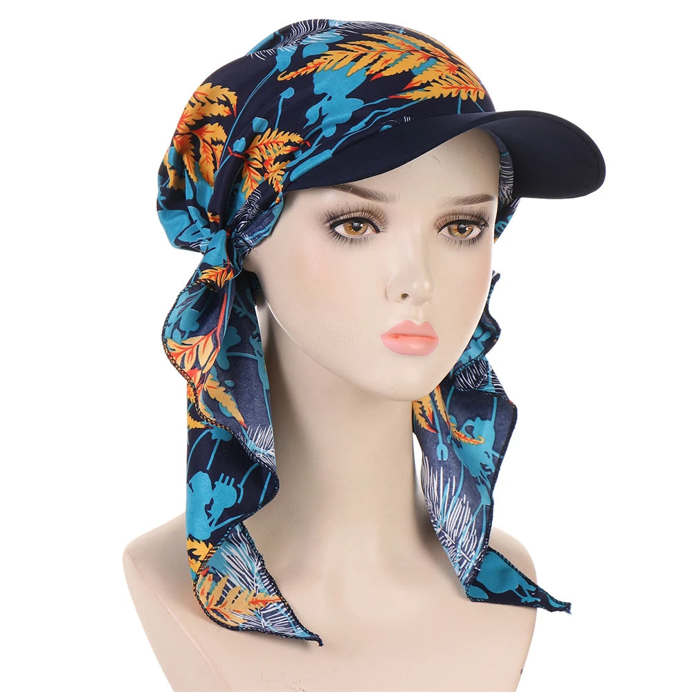 Fashion Muslim Floral Print Hijab Turban Hat for Women Visor Baseball Cap Sun Hats Headscarf Scarf Brim Femme Scarves Bandanas - NamafadStore