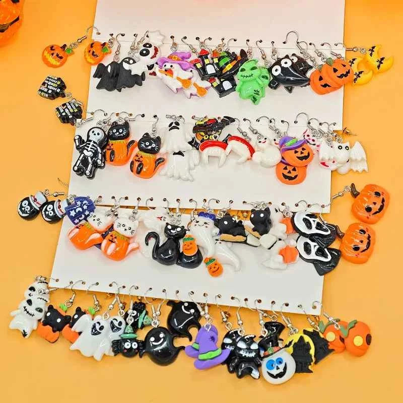 Halloween Fashion Creative Cartoon Earrings, Personalized Cute Pumpkin Ghost Bat Earrings Set