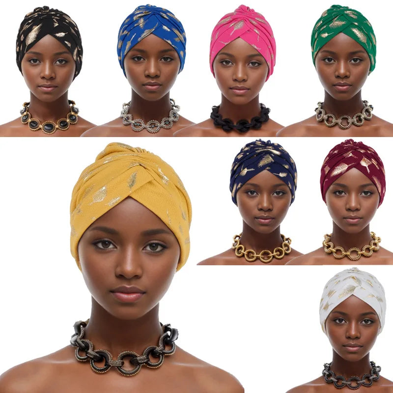Feather Gold Stamping Fabric Turban Cap for Women African Wrap Head Bonnet Muslim Under Scarf Hat Turbante Mujer - NamafadStore
