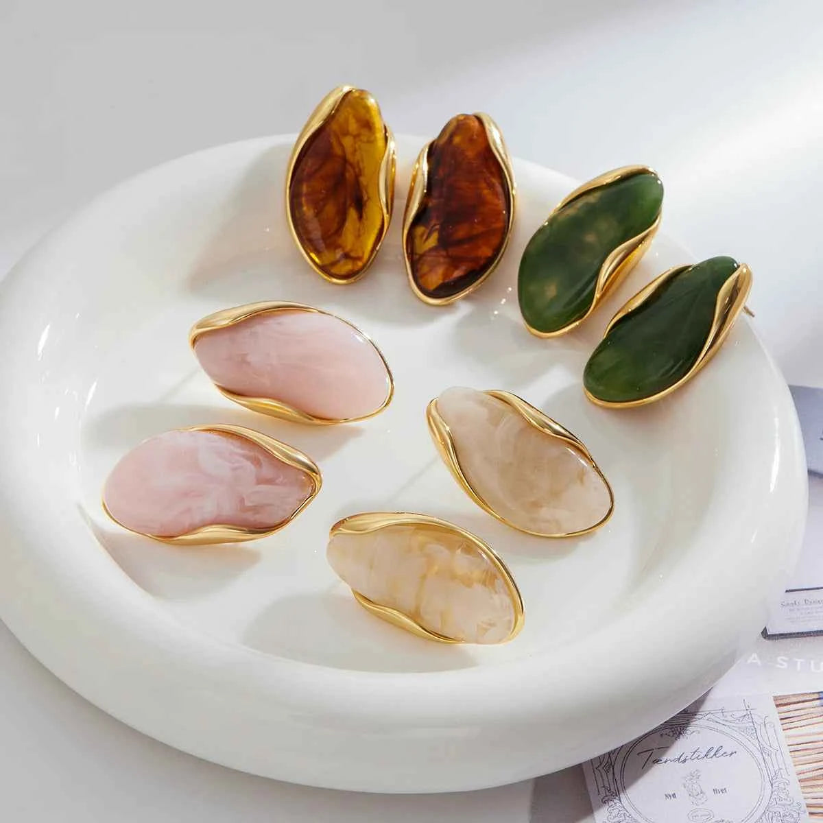 Youthway Irregular Resin Stainless Steel Stud Earrings 18K Gold Color-Plated Women's Fashion Jewelry for Party Wear