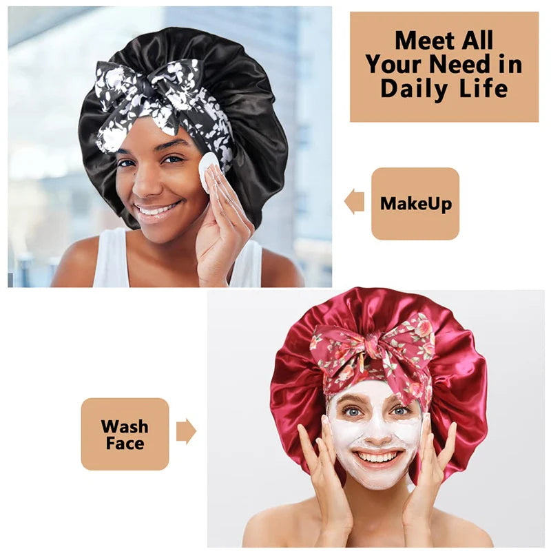 Women's Lace-up Satin Bonnet With Wide Stretch Ties Band Long Tail Bonnet Satin Cheveux Nuit Silky Sleeping Night Cap Bonnets - NamafadStore