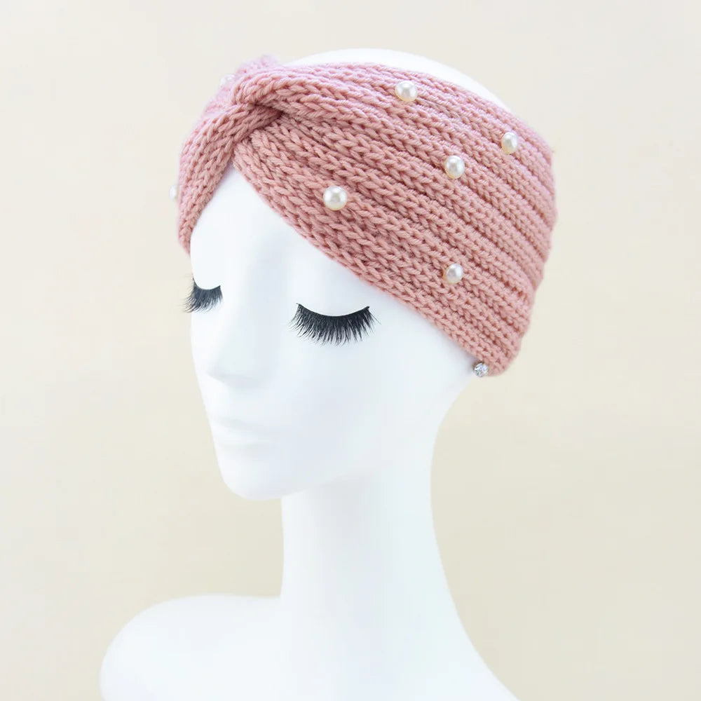 Fashion Pearls Knitted Headband Women Cross Knotted Hair Bands Autumn Winter Ear Warmer Protectors Wide Turban Hair Accessories - NamafadStore