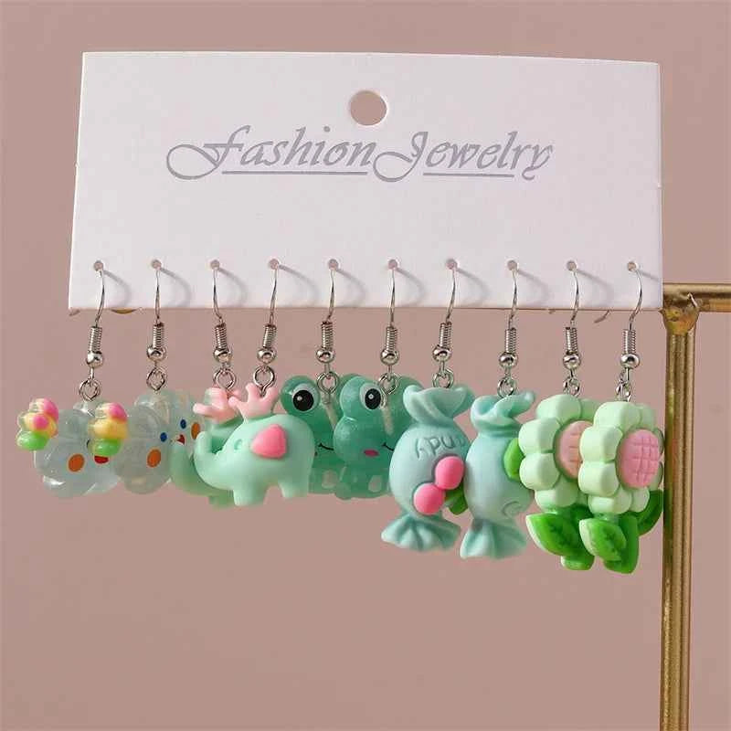 5Pairs/Set Fashion Flower Drop Earrings for Women Resin Heart Animal Dangle Hooks Earrings Girls Party Holiday Jewelry Gifts