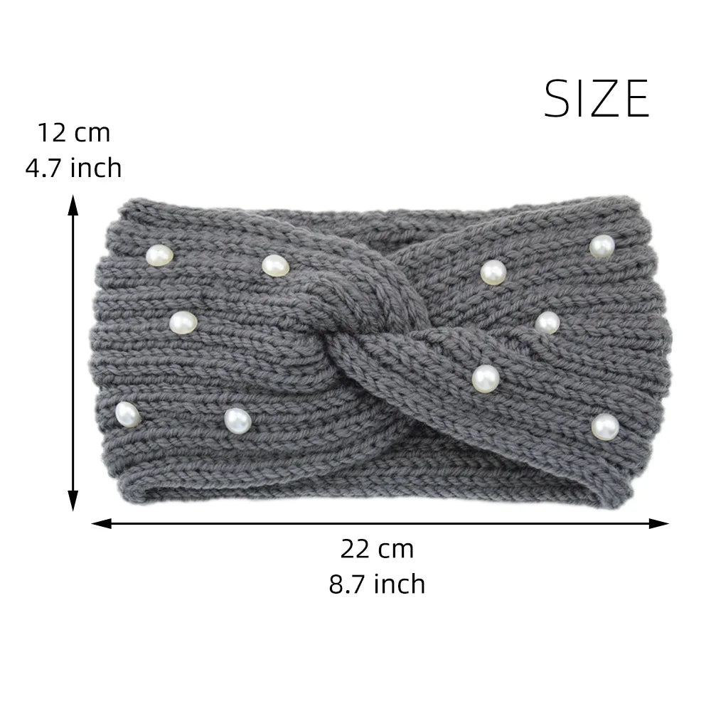 Fashion Pearls Knitted Headband Women Cross Knotted Hair Bands Autumn Winter Ear Warmer Protectors Wide Turban Hair Accessories - NamafadStore