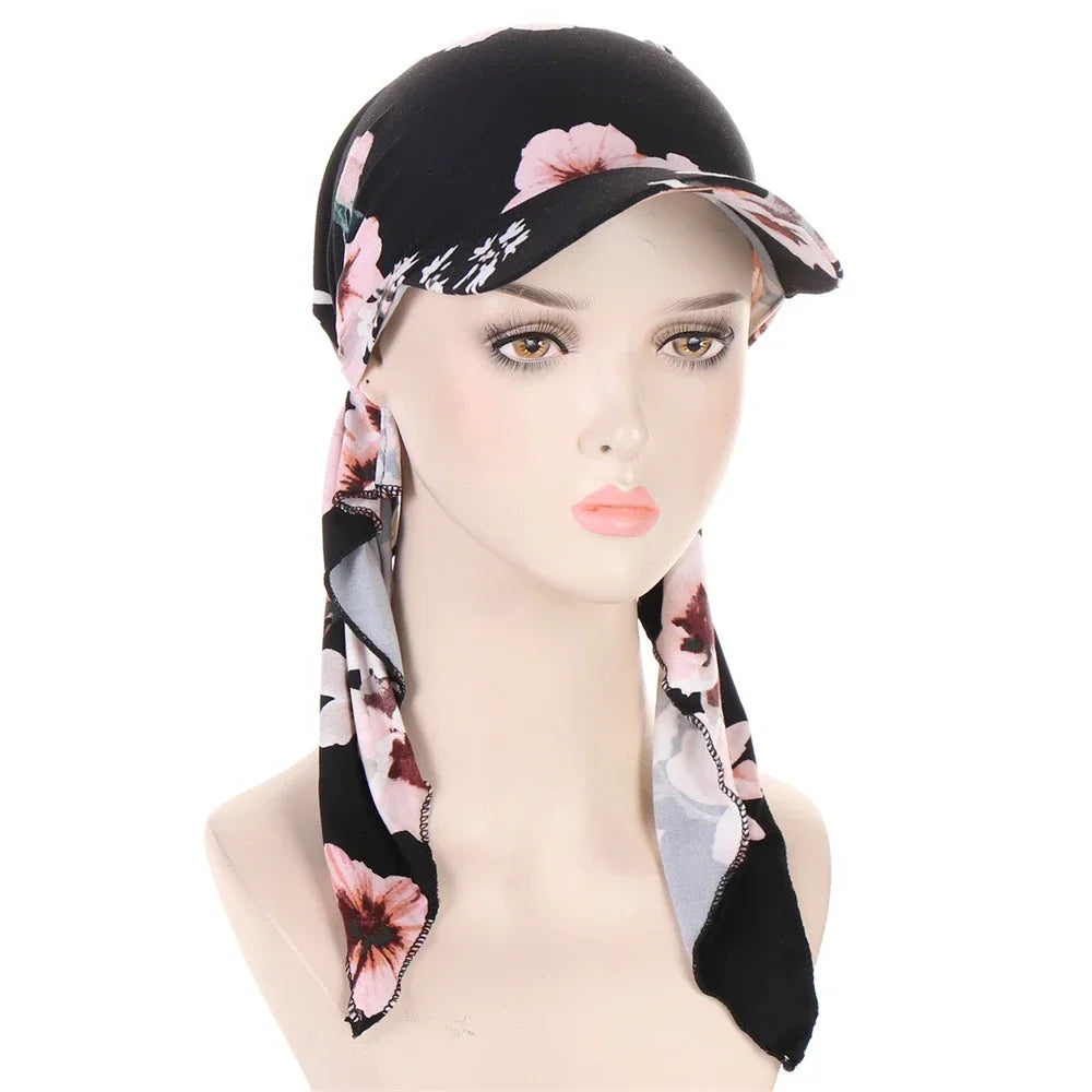 Fashion Muslim Floral Print Hijab Turban Hat for Women Visor Baseball Cap Sun Hats Headscarf Scarf Brim Femme Scarves Bandanas - NamafadStore