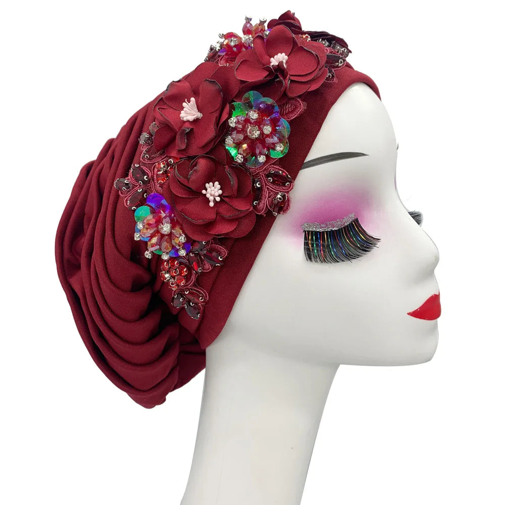 Elegant Flower Diamonds Women's Turban Cap African Party Headwear Hat Lady Head Wraps Muslim Headscarf Hats Turbante Mujer - NamafadStore