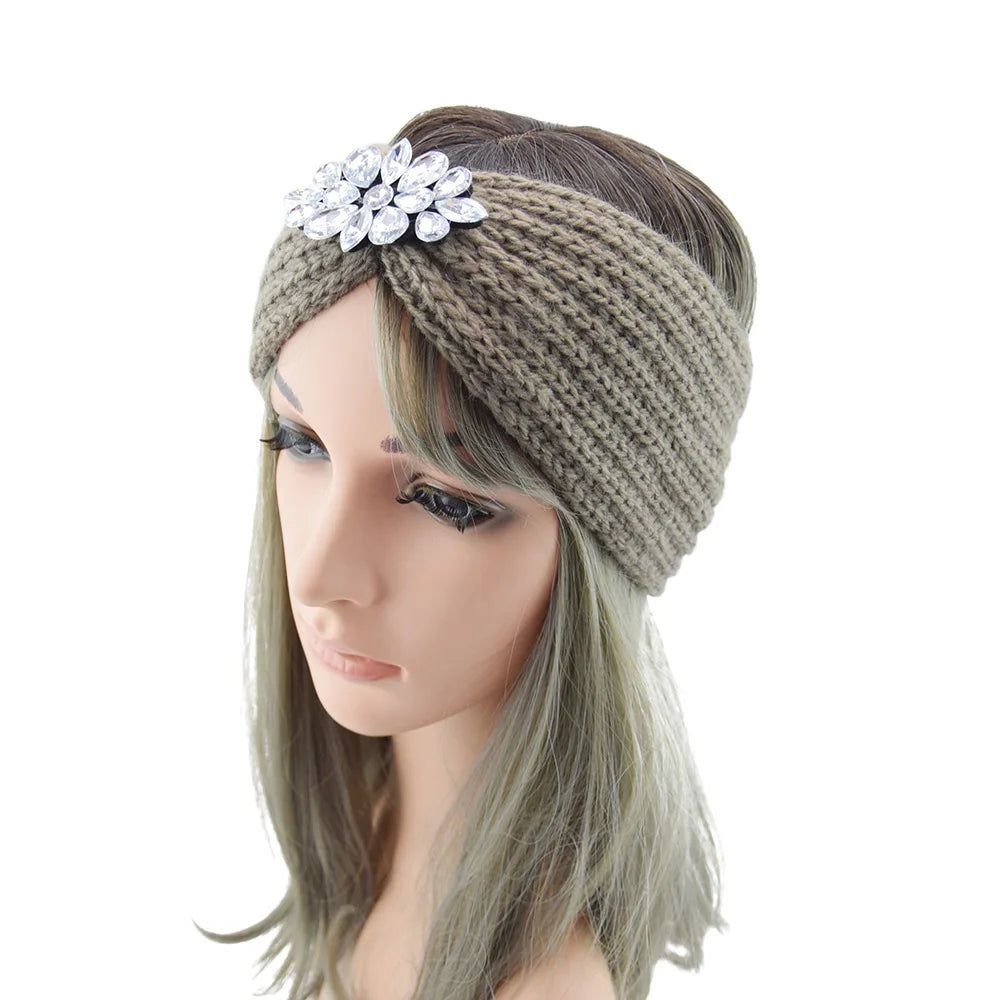 Elegant Women Rhinestone Knitted Hair Bands Ear Protection Headband Head Cover Face Washing Exercise Yoga Warm Wool Headwrap - NamafadStore