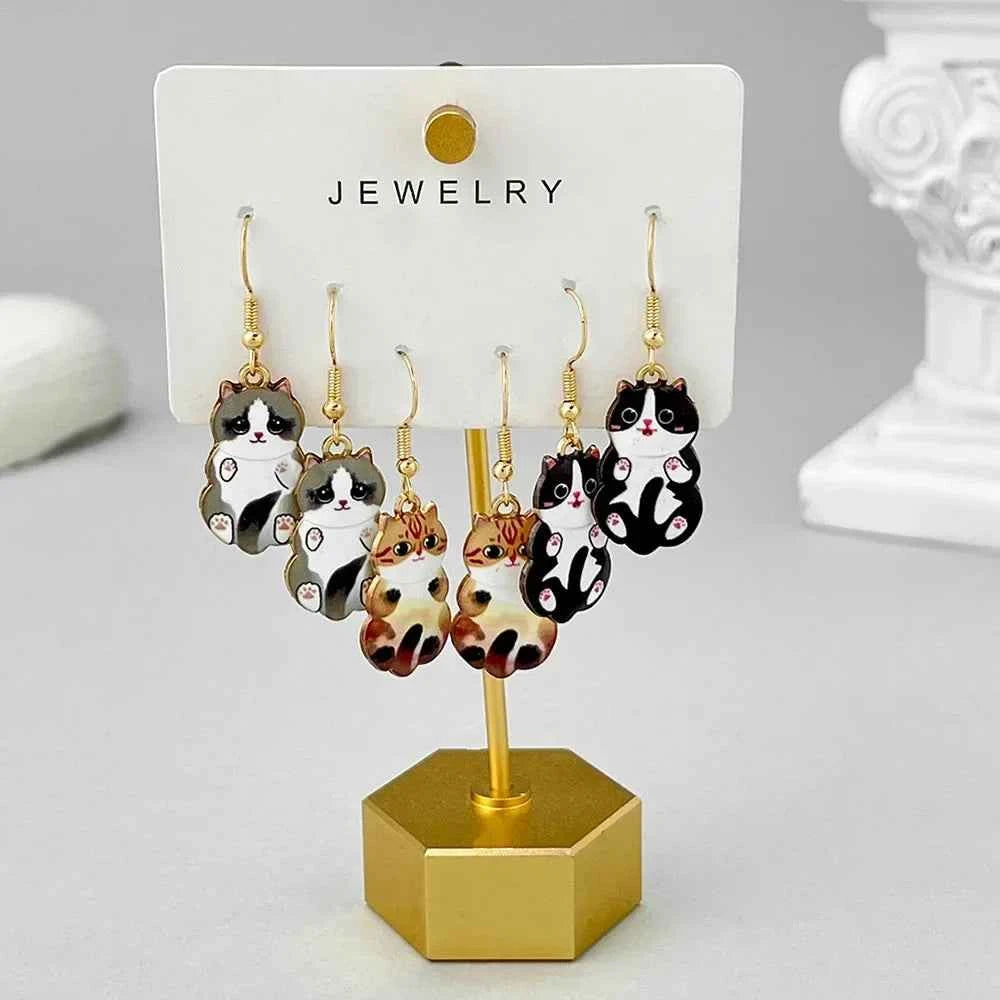 3 Pairs New Fun and Cute Enamel Alloy Hanging Tail Cat Dangle Earrings Colored Cat Ear Jewelry Set Lovely Gift For Women Girls