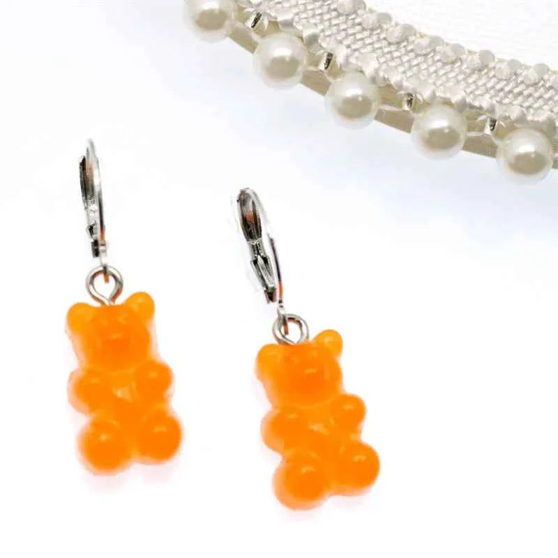 2022 Pink Bear Gummy Cartoon Dangle Earrings For Women Colorful Sequins Gradient Bear Hoop Earring Cute Girl Lucky Jewelry Gift