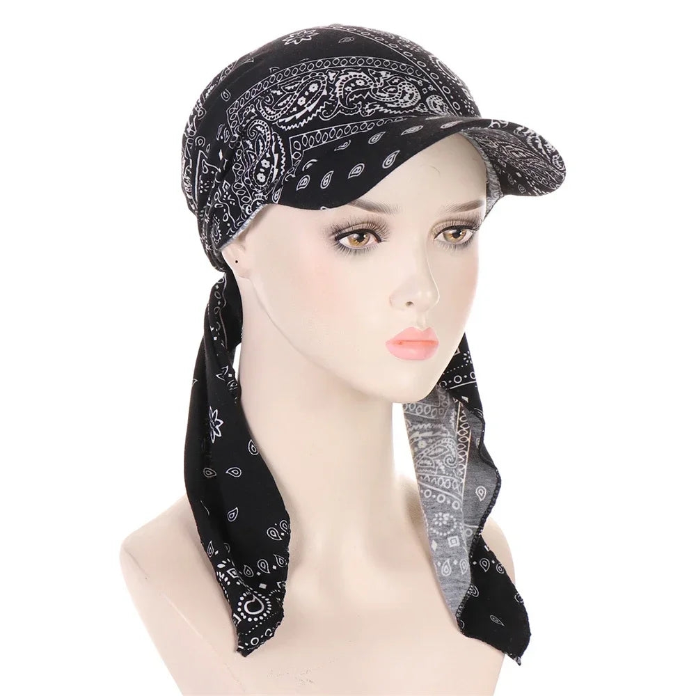 Fashion Muslim Floral Print Hijab Turban Hat for Women Visor Baseball Cap Sun Hats Headscarf Scarf Brim Femme Scarves Bandanas