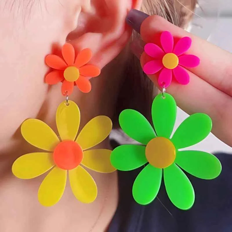 Boho Colorful Acrylic Sunflower Long Earrings for Women Korean Trendy Big Daisy Flower Drop Earring Cute Jewelry Birthday Gifts
