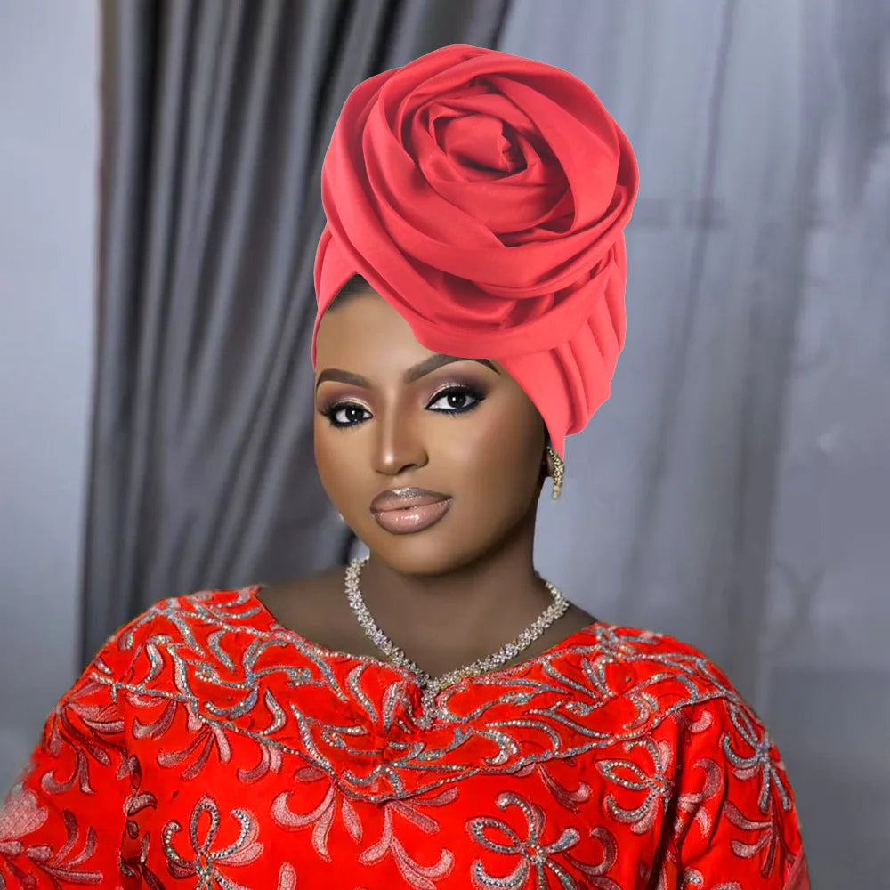 Women Party Turban Big Flower Head Wrap Chemo Cap Nigeria Wedding Headwear Muslim Hijab Bonnet Headscarf Skullies Turbante Mujer