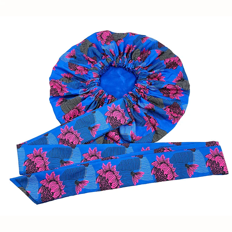 New African Ankara Pattern Satin Linned Bonnet Women Long Ribbon Headwrap Double Layer Headscarf Big Size Adult Hair Cover