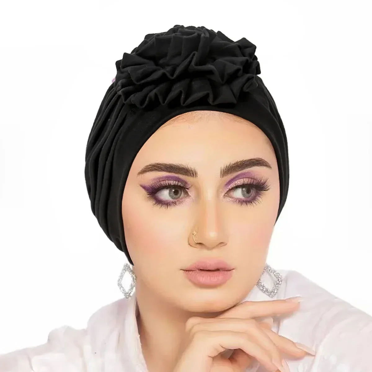 Trendy Crinkle Women's Hijab Solid Color Muslim Ladies Turban Bonnet Flower Decor Ramadan Head Wrap Head Scarf Indian Hat Mujer - NamafadStore