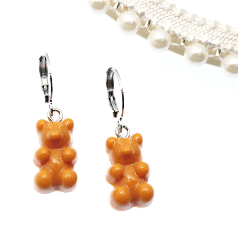 2022 Pink Bear Gummy Cartoon Dangle Earrings For Women Colorful Sequins Gradient Bear Hoop Earring Cute Girl Lucky Jewelry Gift