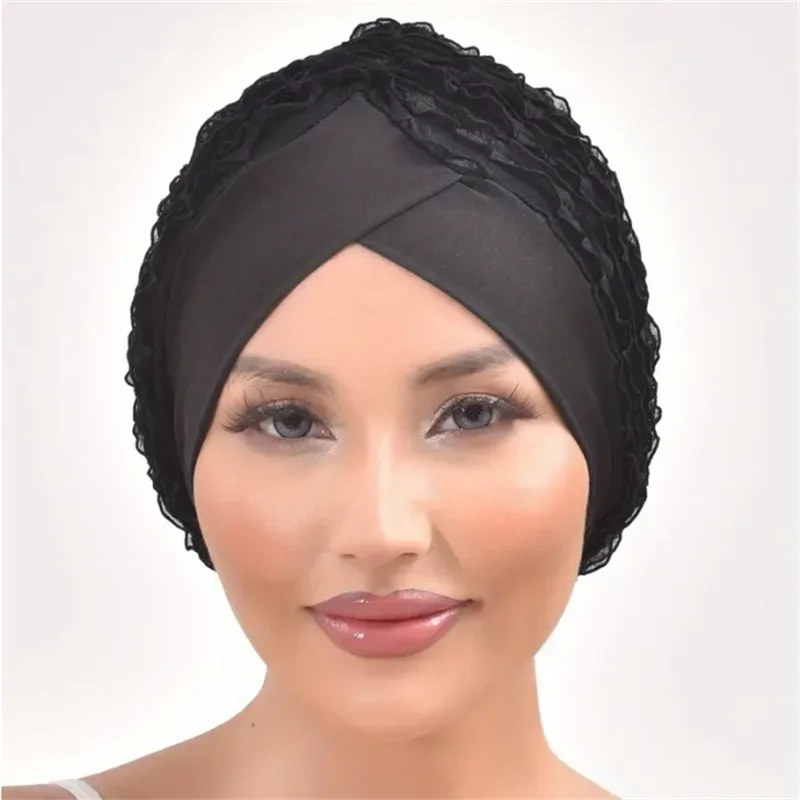 Fashion Women Ruffle Lace Turban Cap Elastic Islamic Female Solid Color Head Wraps Muslim Headscarf Lady Beanie Caps