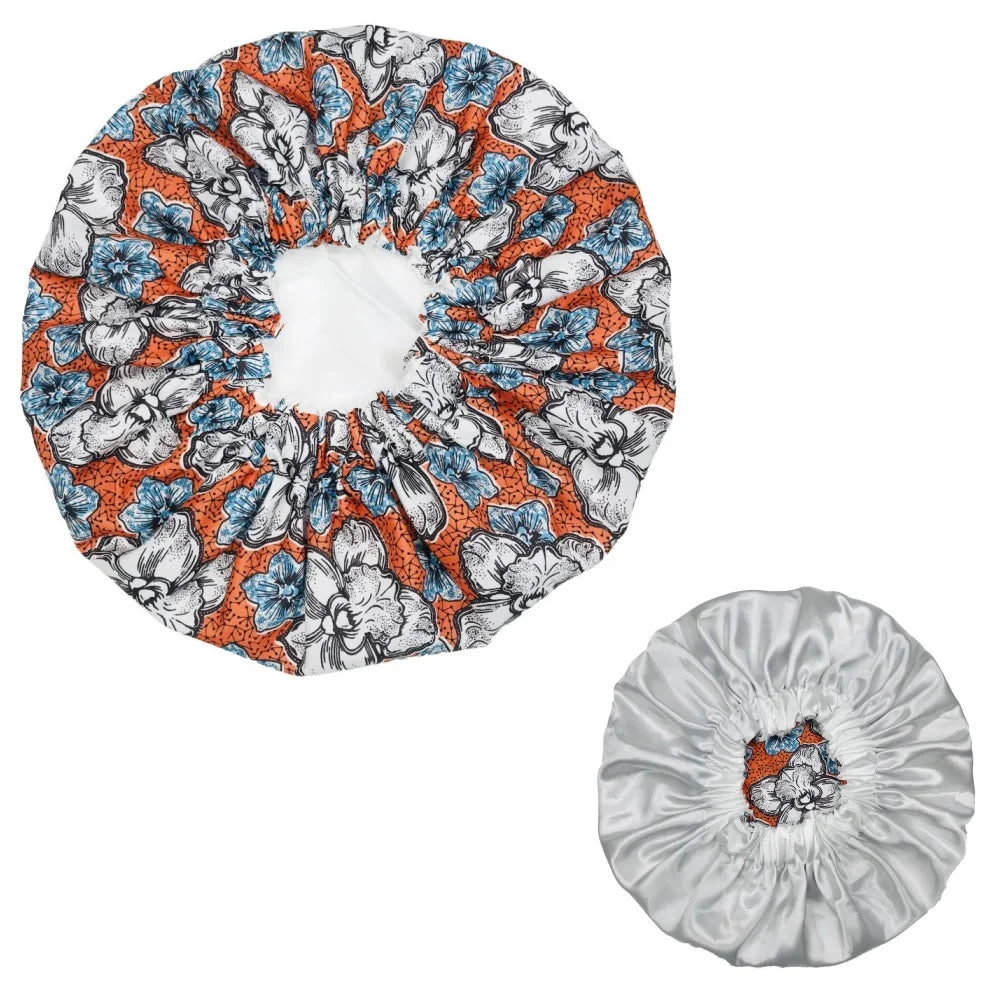 New African Ankara Pattern Satin Linned Bonnet Women Long Ribbon Headwrap Double Layer Headscarf Big Size Adult Hair Cover