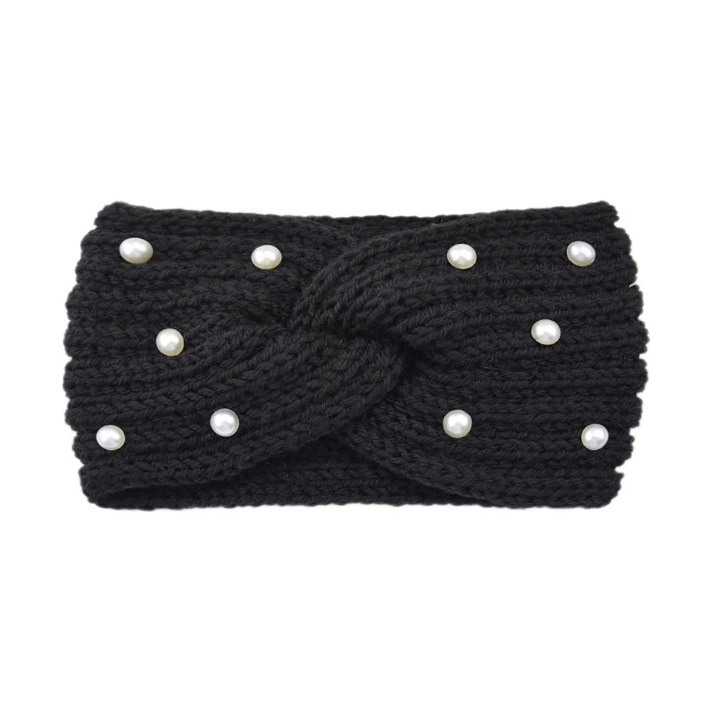 Fashion Pearls Knitted Headband Women Cross Knotted Hair Bands Autumn Winter Ear Warmer Protectors Wide Turban Hair Accessories - NamafadStore