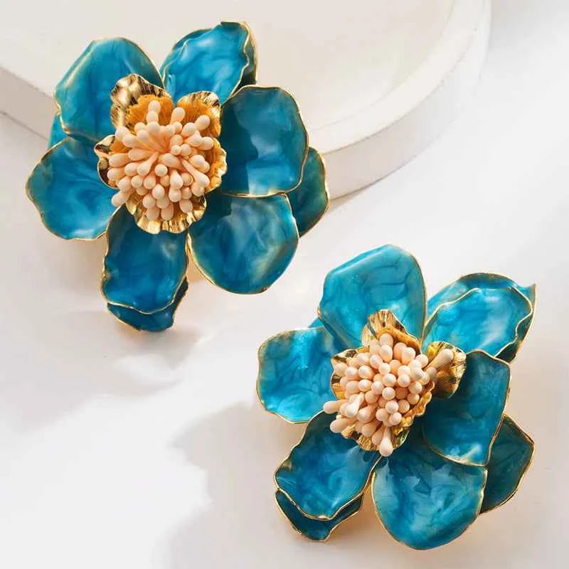 Two-tone Large Metal Flower Enamel Post Earrings For Women Fashion Jewelry Holiday Accessories Wholesales Trendy New Style MQ644