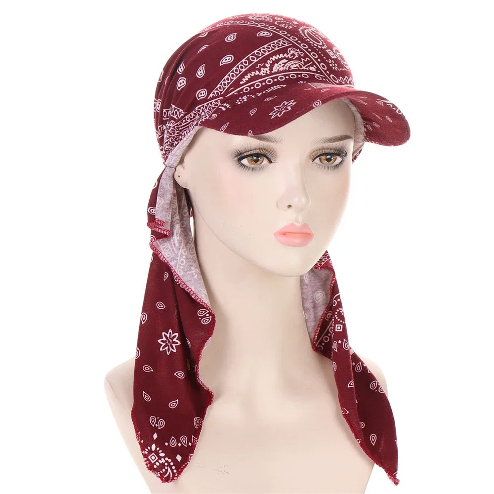 Fashion Muslim Floral Print Hijab Turban Hat for Women Visor Baseball Cap Sun Hats Headscarf Scarf Brim Femme Scarves Bandanas