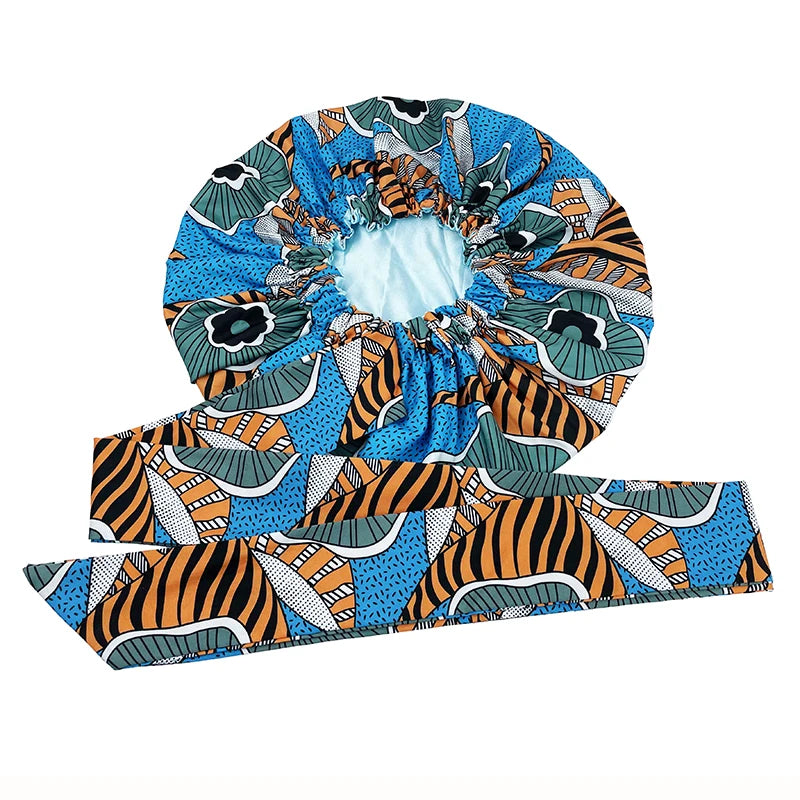 New African Ankara Pattern Satin Linned Bonnet Women Long Ribbon Headwrap Double Layer Headscarf Big Size Adult Hair Cover