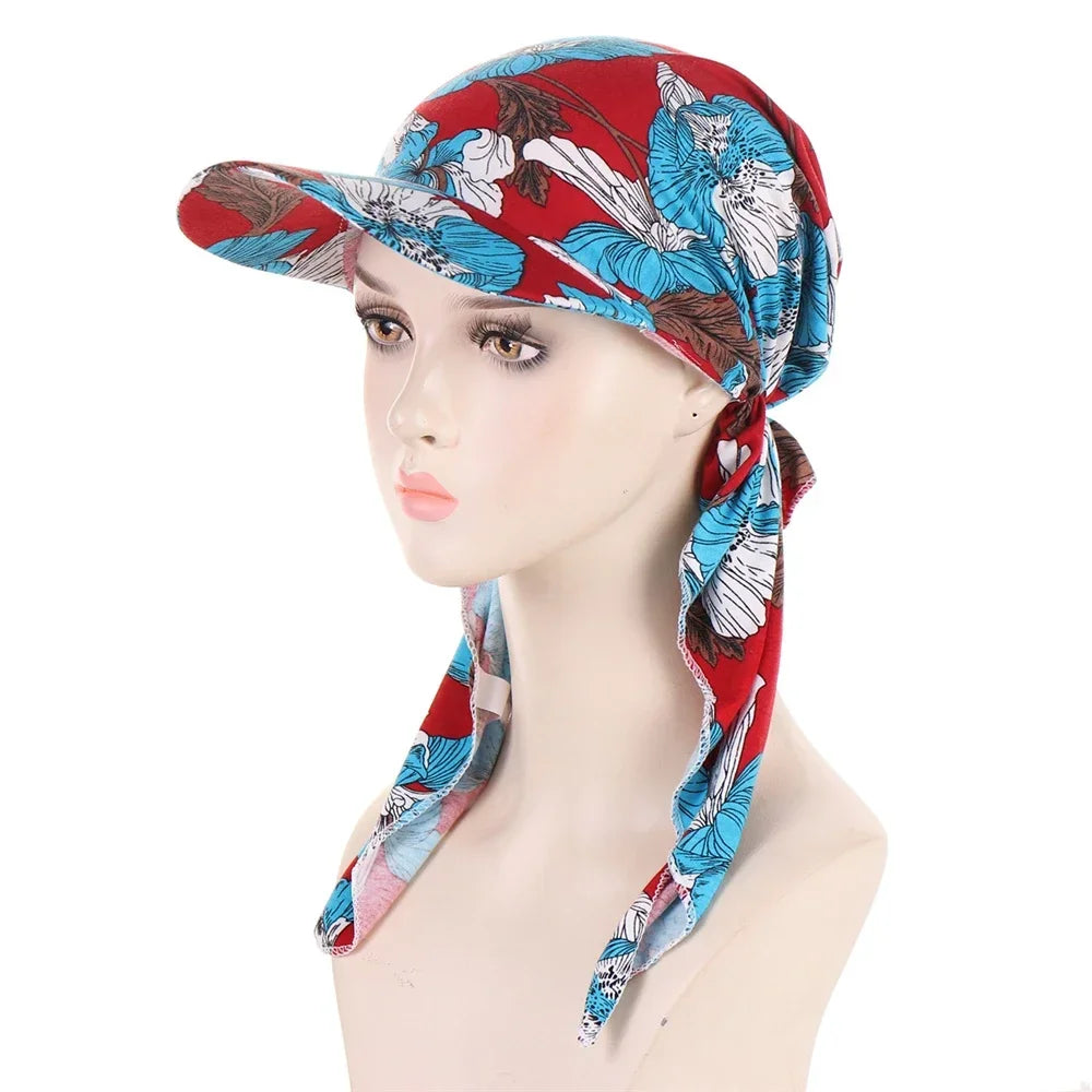 Fashion Muslim Floral Print Hijab Turban Hat for Women Visor Baseball Cap Sun Hats Headscarf Scarf Brim Femme Scarves Bandanas