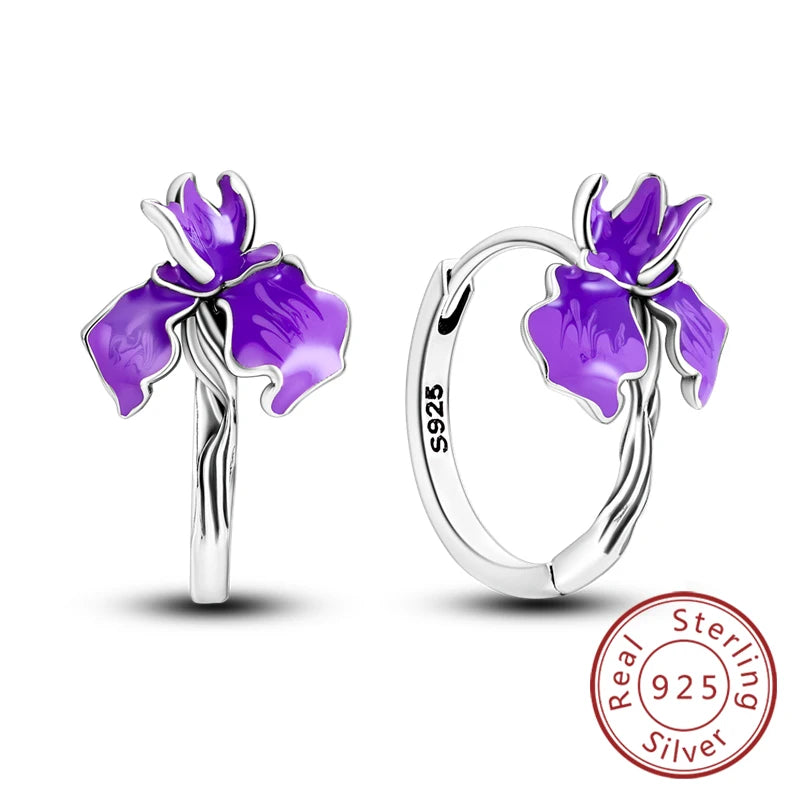 New Original 925 Sterling Silver Hoop Earrings Purple Zircon Flowers Butterflies Studs Earring For Women Wedding Engagement Gift