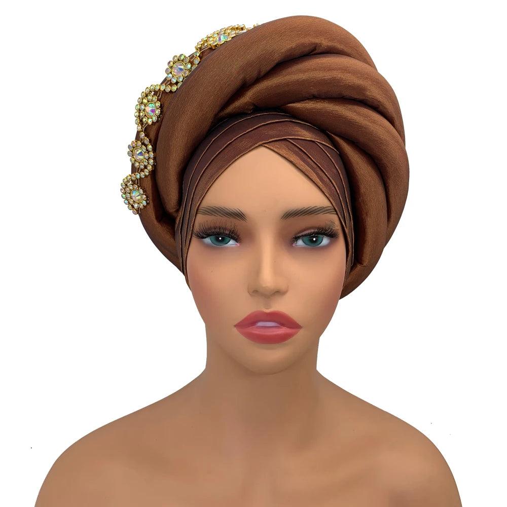 Twisted Braid Turban Cap for Women African Lady Head Wraps Diamonds Nigeria Raw Silk Autogele Headtie Muslim Hat Party Headwear - NamafadStore