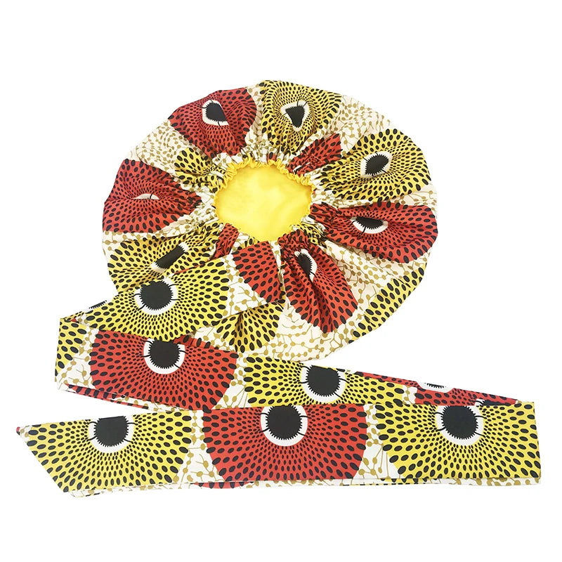 New African Ankara Pattern Satin Linned Bonnet Women Long Ribbon Headwrap Double Layer Headscarf Big Size Adult Hair Cover