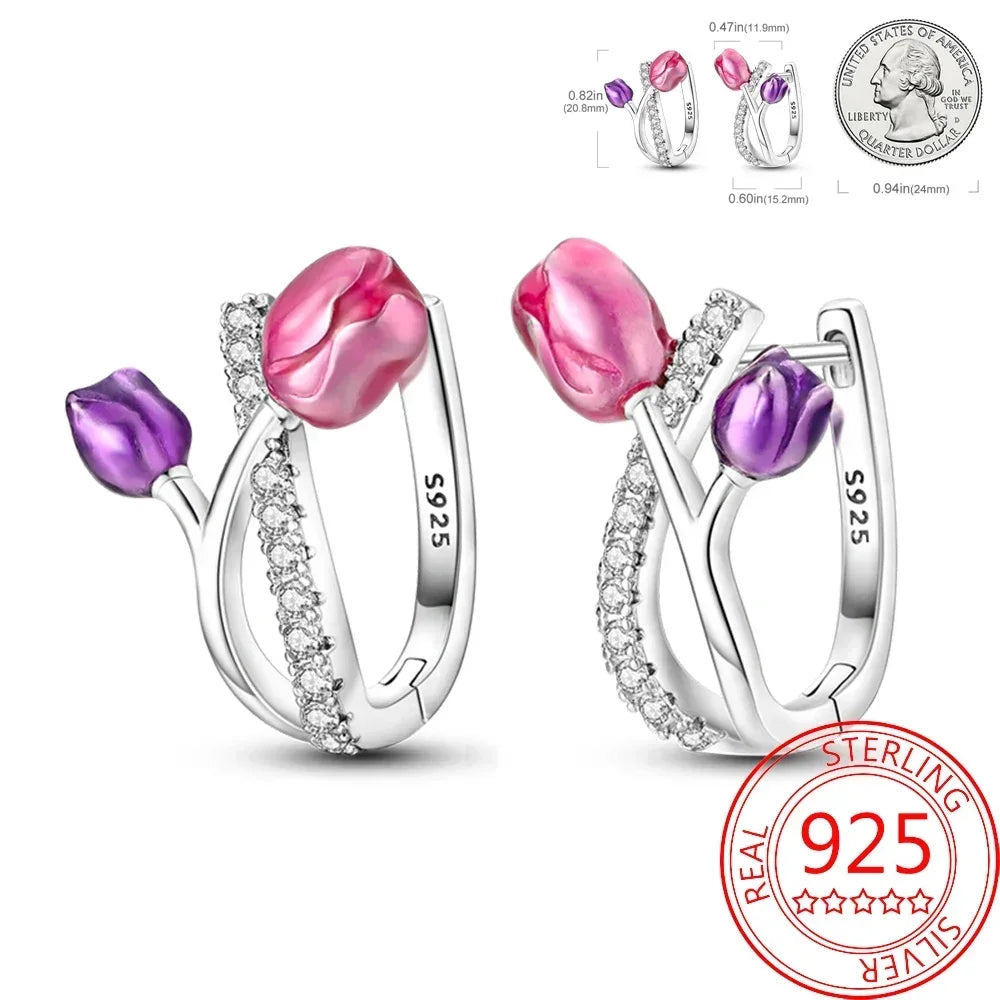 Pink Series 925 Sterling Silver Romantic Flower Butterfly Unicorn Tulip Geometry Earrings Boutique Fine Jewelry Gifts for Women
