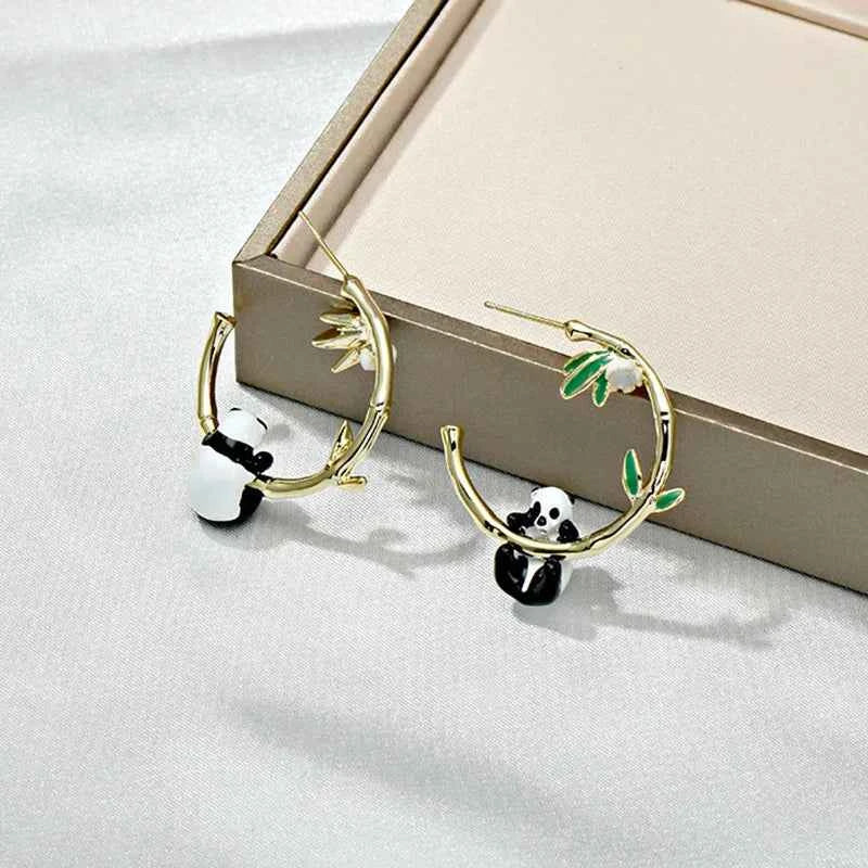 Small niche luxury panda bamboo ear rings, grand and eye-catching, slim and dripping oil earrings for women