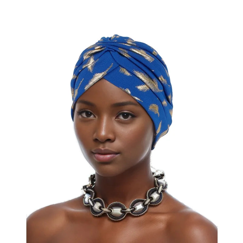 Feather Gold Stamping Fabric Turban Cap for Women African Wrap Head Bonnet Muslim Under Scarf Hat Turbante Mujer - NamafadStore
