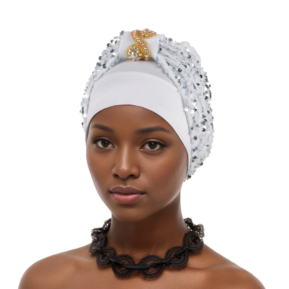 Shining Diamond Sequins Women's Turban Cap African Hat Headtie Bonnet Muslim Headwear Top Knotted Head Caps Turbante Mejur - NamafadStore
