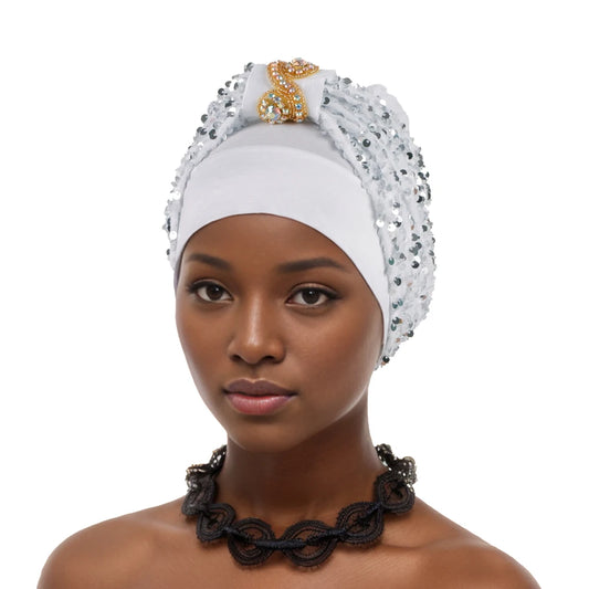 Shining Diamond Sequins Women's Turban Cap African Hat Headtie Bonnet Muslim Headwear Top Knotted Head Caps Turbante Mejur - NamafadStore