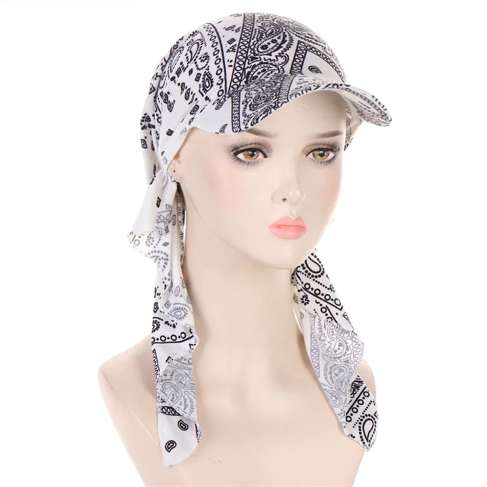 Fashion Muslim Floral Print Hijab Turban Hat for Women Visor Baseball Cap Sun Hats Headscarf Scarf Brim Femme Scarves Bandanas