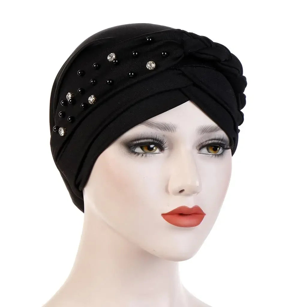 Women Lady Beads Muslim Braid Head Turban Wrap Cover Cancer Chemo Islamic Arab Cap Hat Hair Loss Bonnet Beanies Fashion - NamafadStore