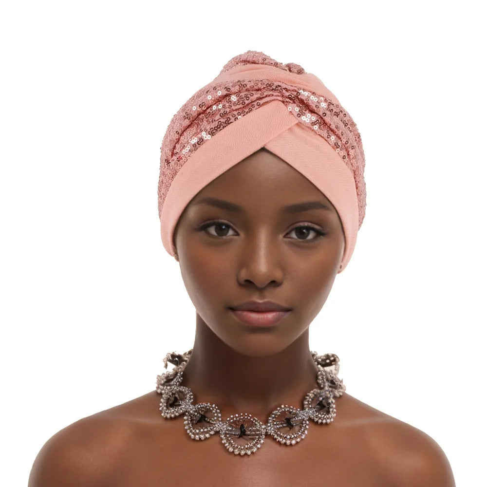 Shining Sequins African Turban Cap Female Head Wraps Muslim Headscarf Bonnet Hijab Hat Nigeria Wedding Party Headpiece - NamafadStore