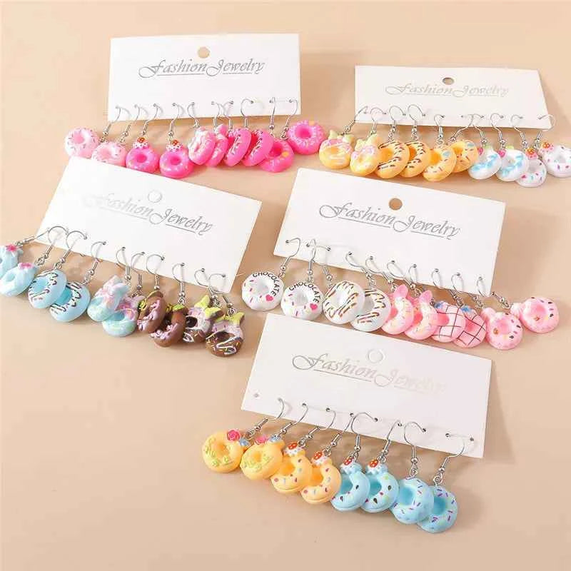 New In Mixed 10pcs Cute Sweet Donut Earring Set Lovely Resin Simulation Food Dangle Earrings for Woman Kids Jewelry Set Gifts