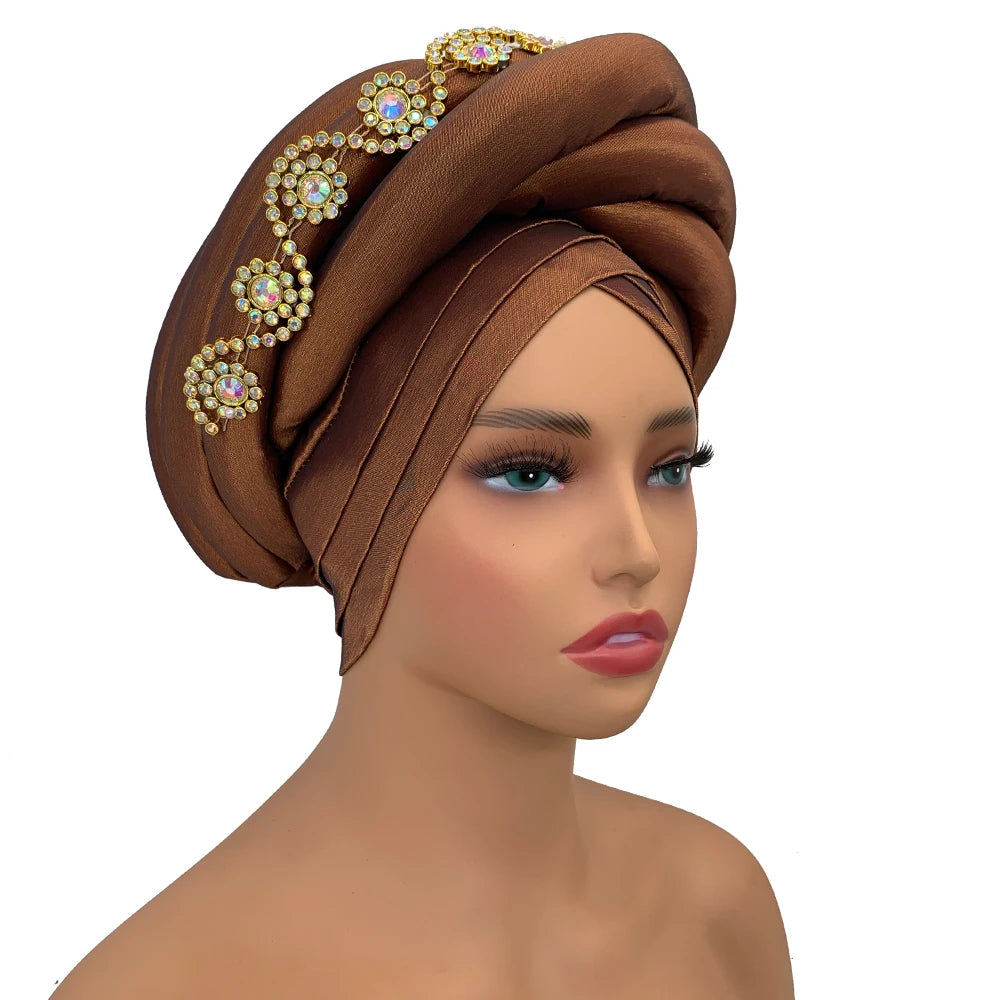 Twisted Braid Turban Cap for Women African Lady Head Wraps Diamonds Nigeria Raw Silk Autogele Headtie Muslim Hat Party Headwear - NamafadStore