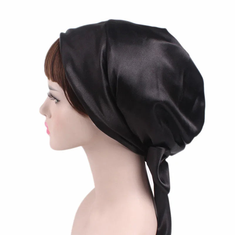 Women Silk Satin Cap Night Sleep Cap Hair Bonnet Hat Head Cover Satin Turban Headscarf Adjustable Ladies Long Hair Care Bonnet - NamafadStore