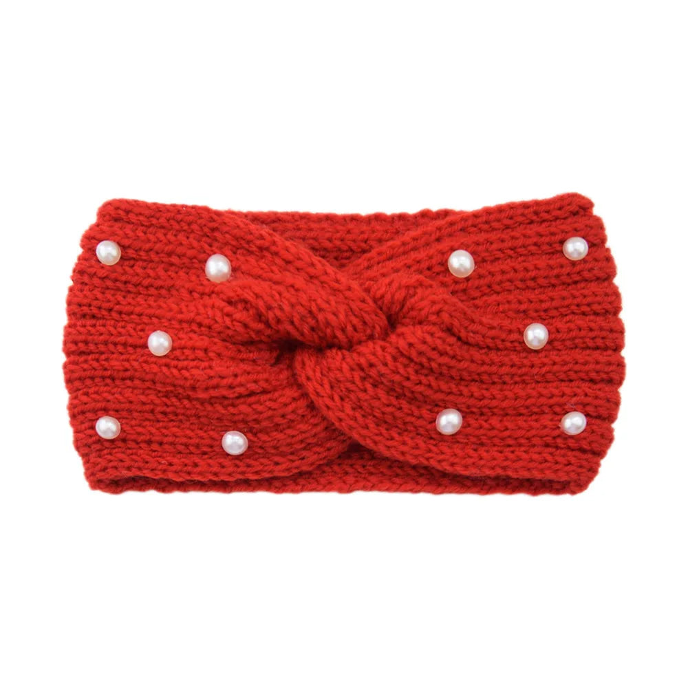 Fashion Pearls Knitted Headband Women Cross Knotted Hair Bands Autumn Winter Ear Warmer Protectors Wide Turban Hair Accessories - NamafadStore