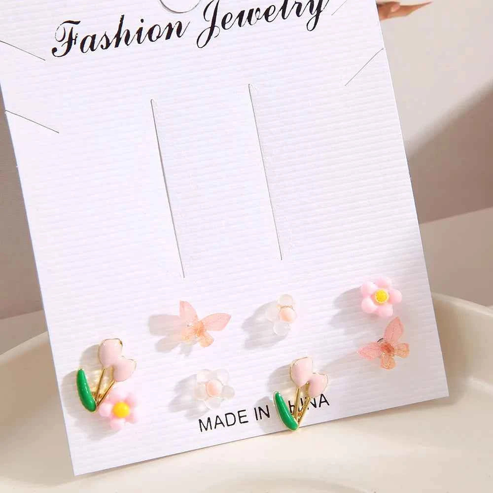 LATS Colorful Fruit Butterfly Flower Earrings Set for Women Creative Trinket Crystal Stud Earrings Fashion Jewelry Accessories