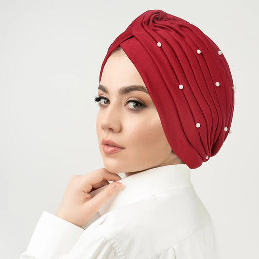 Solid Color Pearl Crinkle Women Muslim Hijab Caps Wrap Head Soft Elastic Ladies Turban Bonnet Islamic Clothing Accessories - NamafadStore