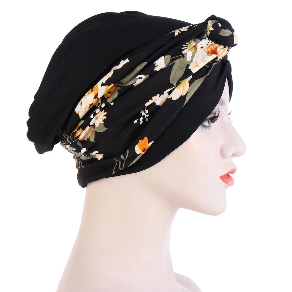 Muslim Women Twist Braid Turban Hats Pre Tied Headscarf Print Flower Hijabs Bandana Chemo Beanies Caps Cover - NamafadStore