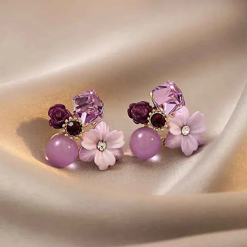 2024 New Korean Fashion Purple Crystal Beads Flower Stud Earrings Premium Sense Sweet Earrings for Women Jewelry Accessories